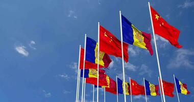 Andorra and China Flags Waving Together in the Sky, Seamless Loop in Wind, Space on Left Side for Design or Information, 3D Rendering video