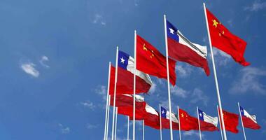 Chile and China Flags Waving Together in the Sky, Seamless Loop in Wind, Space on Left Side for Design or Information, 3D Rendering video