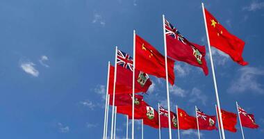 Bermuda and China Flags Waving Together in the Sky, Seamless Loop in Wind, Space on Left Side for Design or Information, 3D Rendering video