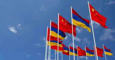 Armenia and China Flags Waving Together in the Sky, Seamless Loop in Wind, Space on Left Side for Design or Information, 3D Rendering video