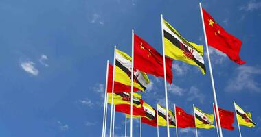 Brunei and China Flags Waving Together in the Sky, Seamless Loop in Wind, Space on Left Side for Design or Information, 3D Rendering video