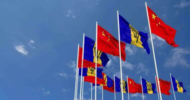 Barbados and China Flags Waving Together in the Sky, Seamless Loop in Wind, Space on Left Side for Design or Information, 3D Rendering video