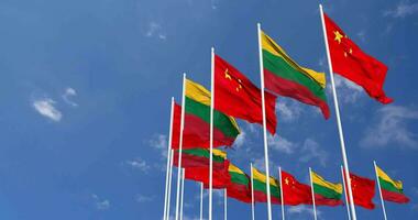 Lithuania and China Flags Waving Together in the Sky, Seamless Loop in Wind, Space on Left Side for Design or Information, 3D Rendering video