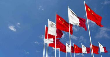 Malta and China Flags Waving Together in the Sky, Seamless Loop in Wind, Space on Left Side for Design or Information, 3D Rendering video