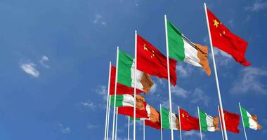 Ireland and China Flags Waving Together in the Sky, Seamless Loop in Wind, Space on Left Side for Design or Information, 3D Rendering video