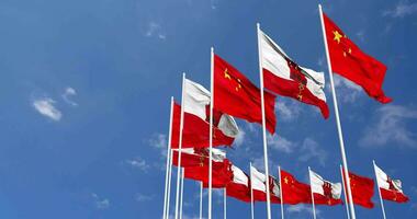 Gibraltar and China Flags Waving Together in the Sky, Seamless Loop in Wind, Space on Left Side for Design or Information, 3D Rendering video