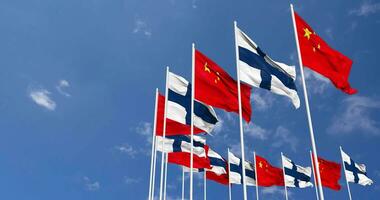 Finland and China Flags Waving Together in the Sky, Seamless Loop in Wind, Space on Left Side for Design or Information, 3D Rendering video