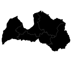 Lettland Karte. Karte von Lettland geteilt in fünf Main Regionen im schwarz Farbe png