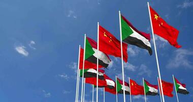 Sudan and China Flags Waving Together in the Sky, Seamless Loop in Wind, Space on Left Side for Design or Information, 3D Rendering video