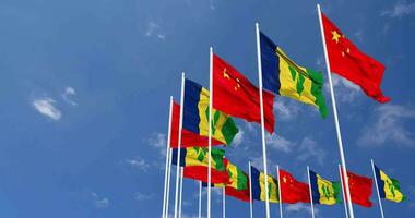 Saint Vincent and the Grenadines and China Flags Waving Together in the Sky, Seamless Loop in Wind, Space on Left Side for Design or Information, 3D Rendering video