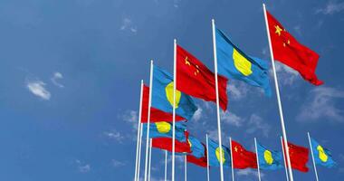 Palau and China Flags Waving Together in the Sky, Seamless Loop in Wind, Space on Left Side for Design or Information, 3D Rendering video