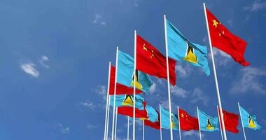 Saint Lucia and China Flags Waving Together in the Sky, Seamless Loop in Wind, Space on Left Side for Design or Information, 3D Rendering video