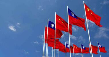 Taiwan and China Flags Waving Together in the Sky, Seamless Loop in Wind, Space on Left Side for Design or Information, 3D Rendering video