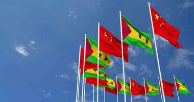 Sao Tome and Principe and China Flags Waving Together in the Sky, Seamless Loop in Wind, Space on Left Side for Design or Information, 3D Rendering video