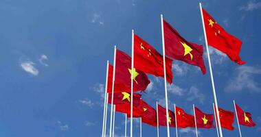 Vietnam and China Flags Waving Together in the Sky, Seamless Loop in Wind, Space on Left Side for Design or Information, 3D Rendering video