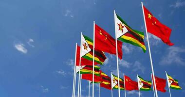 Zimbabwe and China Flags Waving Together in the Sky, Seamless Loop in Wind, Space on Left Side for Design or Information, 3D Rendering video