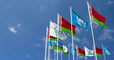 Belarus and United Nations, UN Flags Waving Together in the Sky, Seamless Loop in Wind, Space on Left Side for Design or Information, 3D Rendering video