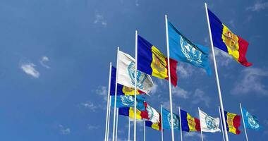 Andorra and United Nations, UN Flags Waving Together in the Sky, Seamless Loop in Wind, Space on Left Side for Design or Information, 3D Rendering video