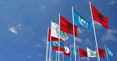 Albania and United Nations, UN Flags Waving Together in the Sky, Seamless Loop in Wind, Space on Left Side for Design or Information, 3D Rendering video