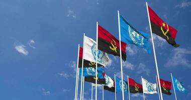 Angola and United Nations, UN Flags Waving Together in the Sky, Seamless Loop in Wind, Space on Left Side for Design or Information, 3D Rendering video