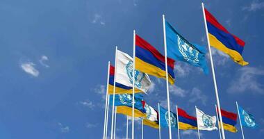 Armenia and United Nations, UN Flags Waving Together in the Sky, Seamless Loop in Wind, Space on Left Side for Design or Information, 3D Rendering video