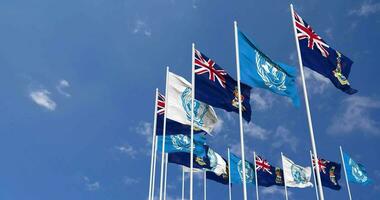 Cayman Islands and United Nations, UN Flags Waving Together in the Sky, Seamless Loop in Wind, Space on Left Side for Design or Information, 3D Rendering video