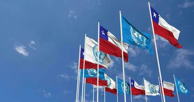 Chile and United Nations, UN Flags Waving Together in the Sky, Seamless Loop in Wind, Space on Left Side for Design or Information, 3D Rendering video