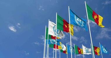 Cameroon and United Nations, UN Flags Waving Together in the Sky, Seamless Loop in Wind, Space on Left Side for Design or Information, 3D Rendering video