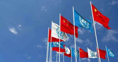 China and United Nations, UN Flags Waving Together in the Sky, Seamless Loop in Wind, Space on Left Side for Design or Information, 3D Rendering video