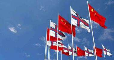 Faroe Islands and China Flags Waving Together in the Sky, Seamless Loop in Wind, Space on Left Side for Design or Information, 3D Rendering video