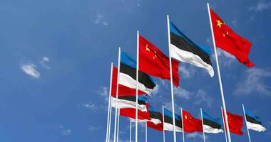 Estonia and China Flags Waving Together in the Sky, Seamless Loop in Wind, Space on Left Side for Design or Information, 3D Rendering video