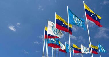 Bolivarian Republic of Venezuela and United Nations, UN Flags Waving Together in the Sky, Seamless Loop in Wind, Space on Left Side for Design or Information, 3D Rendering video