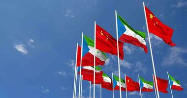 Equatorial Guinea and China Flags Waving Together in the Sky, Seamless Loop in Wind, Space on Left Side for Design or Information, 3D Rendering video