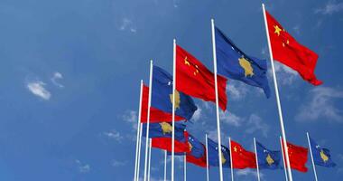 Kosovo and China Flags Waving Together in the Sky, Seamless Loop in Wind, Space on Left Side for Design or Information, 3D Rendering video