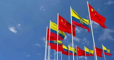 Ecuador y China banderas ondulación juntos en el cielo, sin costura lazo en viento, espacio en izquierda lado para diseño o información, 3d representación video