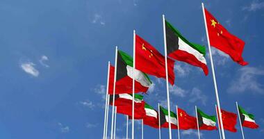 Kuwait and China Flags Waving Together in the Sky, Seamless Loop in Wind, Space on Left Side for Design or Information, 3D Rendering video