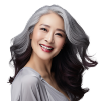 ai généré magnifique vieillissement mature Asie femme avec lisse en bonne santé visage peau et longue gris cheveux et content souriant sur une transparent Contexte. png