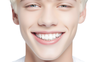 ai gerado fechar-se do jovem perfeito branco dentes com uma sombra guia a alvejante cor isolado em transparente fundo. png