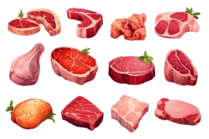 ai generado conjunto de Fresco carne. diferente partes de animal carne carne de vaca en un transparente antecedentes. png