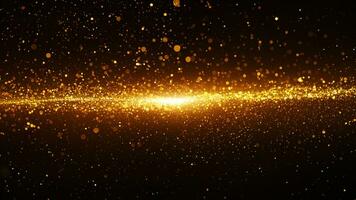 Gold color digital particles wave flow and light flare. Abstract technology background. photo