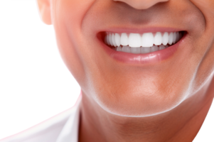 ai gerado fechar-se do Senior masculino perfeito branco dentes com uma sombra guia a alvejante cor isolado em transparente fundo. png