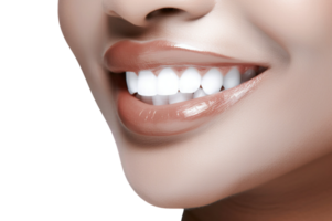 ai generiert Nahansicht von Frau perfekt Weiß Zähne mit ein Schatten leiten das bleichen Farbe isoliert auf transparent Hintergrund. png