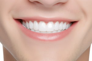 ai gerado fechar-se do jovem perfeito branco dentes com uma sombra guia a alvejante cor isolado em transparente fundo. png