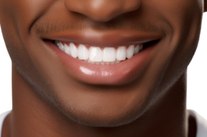 ai generado de cerca de negro masculino Perfecto blanco dientes con un sombra guía el blanqueador color aislado en transparente antecedentes. png