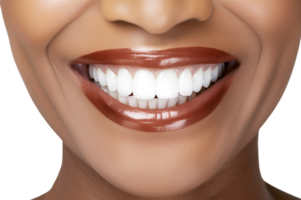 ai gerado fechar-se do Senior Preto feminino perfeito branco dentes com uma sombra guia a alvejante cor.isolado em transparente fundo. png