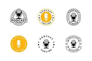 Set of podcast emblems. Radio logo, broadcast and studio badges with vintage microphones. vector