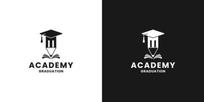 academia graduación logo diseño para educación. combinación de graduación gorra y lápiz vector