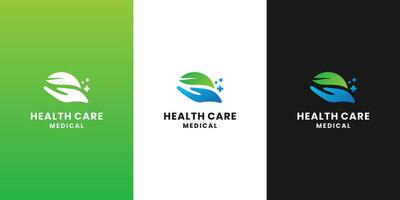 health care logo design. nature peace. human hand and leaf combine vector