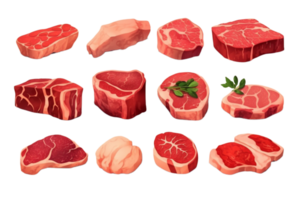 ai generado conjunto de Fresco carne. diferente partes de animal carne carne de vaca en un transparente antecedentes. png