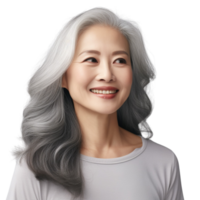 ai généré magnifique vieillissement mature Asie femme avec lisse en bonne santé visage peau et longue gris cheveux et content souriant sur une transparent Contexte. png